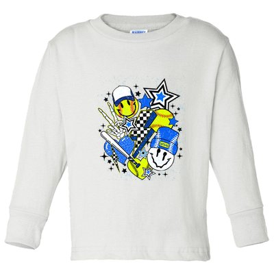 Retro Softball Vibes Funny Softball Smile Face Meme Toddler Long Sleeve Shirt
