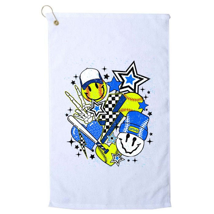 Retro Softball Vibes Funny Softball Smile Face Meme Golf Towel