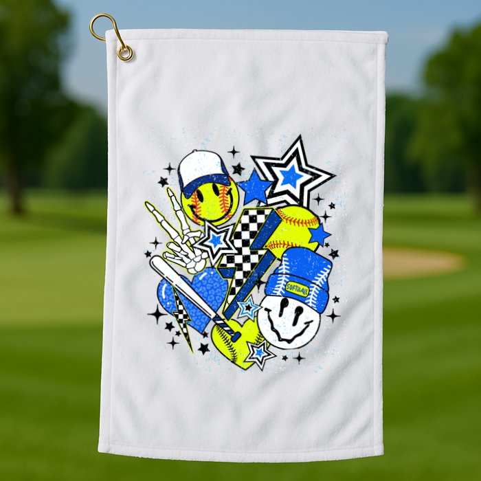 Retro Softball Vibes Funny Softball Smile Face Meme Golf Towel