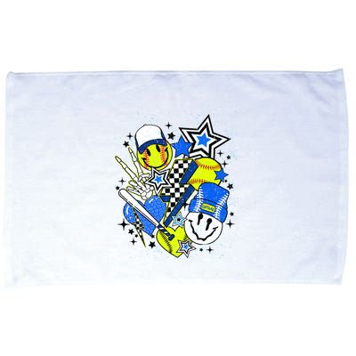 Retro Softball Vibes Funny Softball Smile Face Meme Microfiber Hand Towel