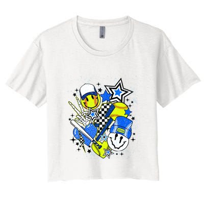 Retro Softball Vibes Funny Softball Smile Face Meme Crop Top