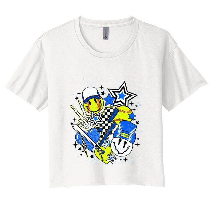 Retro Softball Vibes Funny Softball Smile Face Meme Crop Top