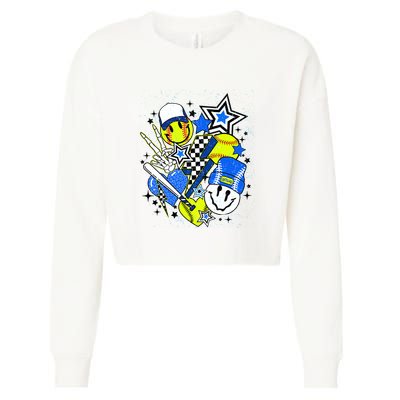 Retro Softball Vibes Funny Softball Smile Face Meme Cropped Pullover Crew