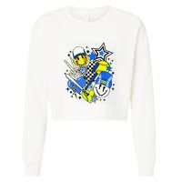 Retro Softball Vibes Funny Softball Smile Face Meme Cropped Pullover Crew