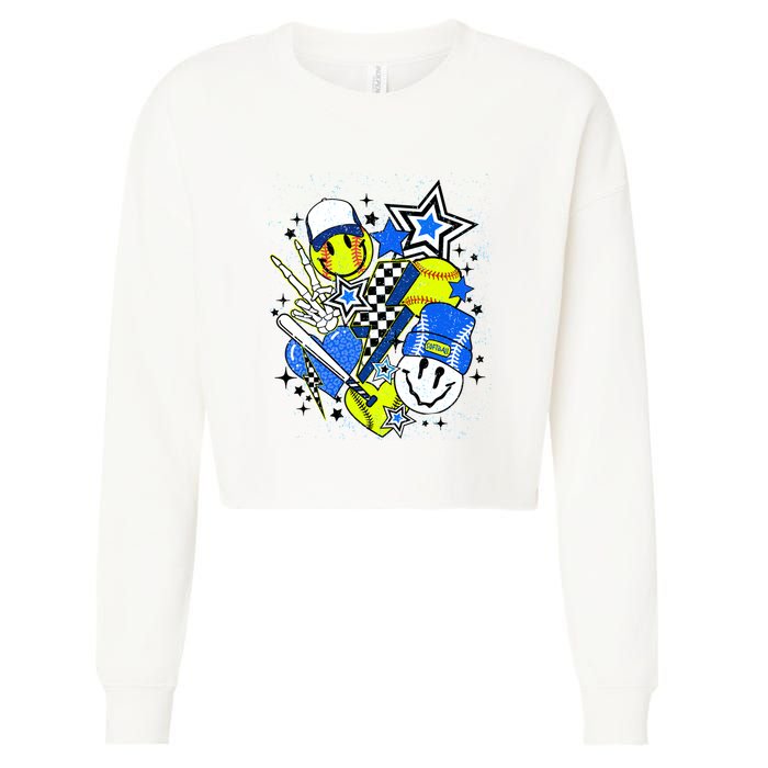 Retro Softball Vibes Funny Softball Smile Face Meme Cropped Pullover Crew