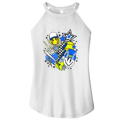 Retro Softball Vibes Funny Softball Smile Face Meme Women's Perfect Tri Rocker Tank