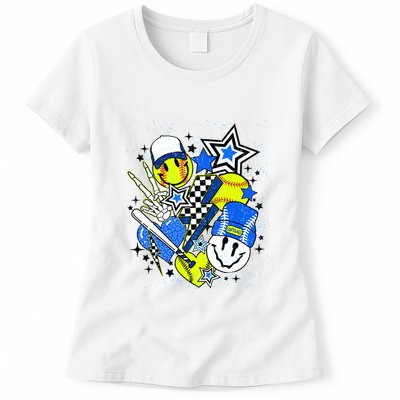 Retro Softball Vibes Funny Softball Smile Face Meme Womens T-Shirt