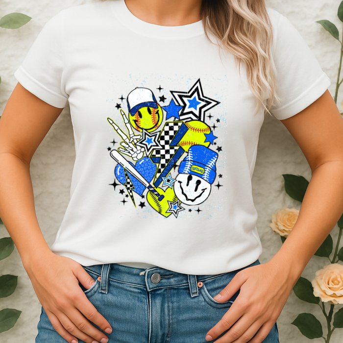 Retro Softball Vibes Funny Softball Smile Face Meme Womens T-Shirt
