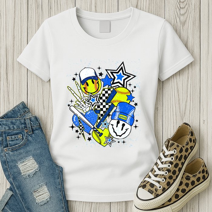 Retro Softball Vibes Funny Softball Smile Face Meme Womens T-Shirt