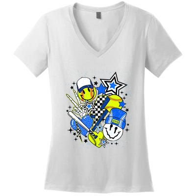 Retro Softball Vibes Funny Softball Smile Face Meme Women's V-Neck T-Shirt