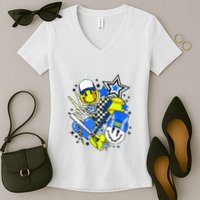 Retro Softball Vibes Funny Softball Smile Face Meme Women's V-Neck T-Shirt
