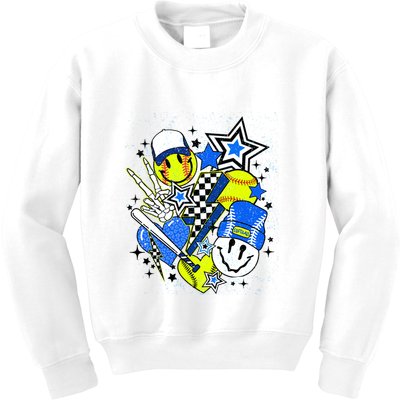Retro Softball Vibes Funny Softball Smile Face Meme Kids Sweatshirt