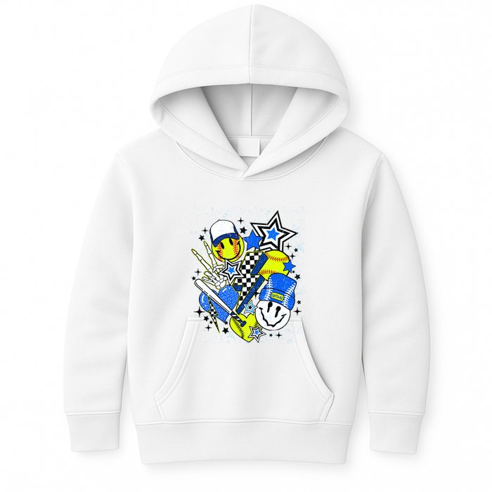 Retro Softball Vibes Funny Softball Smile Face Meme Kids Hoodie
