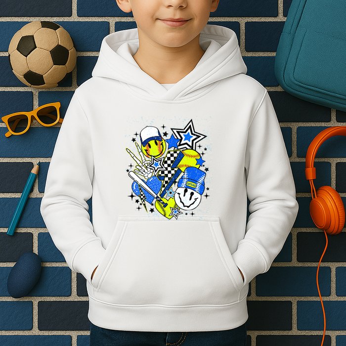 Retro Softball Vibes Funny Softball Smile Face Meme Kids Hoodie