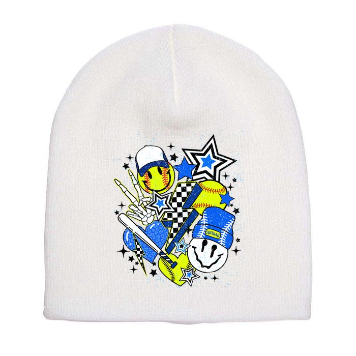 Retro Softball Vibes Funny Softball Smile Face Meme Short Acrylic Beanie