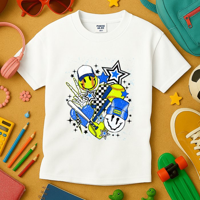 Retro Softball Vibes Funny Softball Smile Face Meme Kids T-Shirt