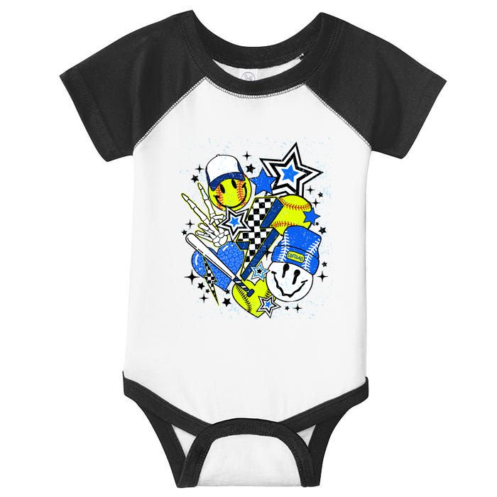 Retro Softball Vibes Funny Softball Smile Face Meme Infant Baby Jersey Bodysuit