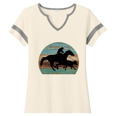 Retro Style Western Cowhorse Calf Roping Ladies Halftime Notch Neck Tee