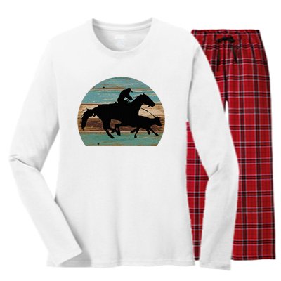 Retro Style Western Cowhorse Calf Roping Women's Long Sleeve Flannel Pajama Set 