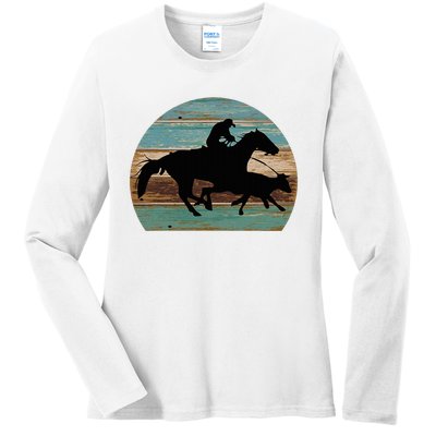 Retro Style Western Cowhorse Calf Roping Ladies Long Sleeve Shirt