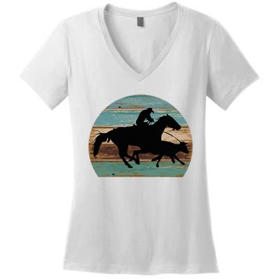 Retro Style Western Cowhorse Calf Roping Women's V-Neck T-Shirt