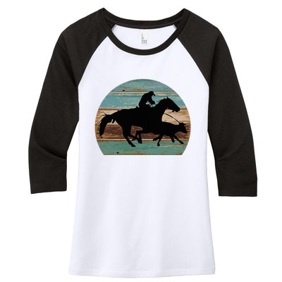 Retro Style Western Cowhorse Calf Roping Women's Tri-Blend 3/4-Sleeve Raglan Shirt