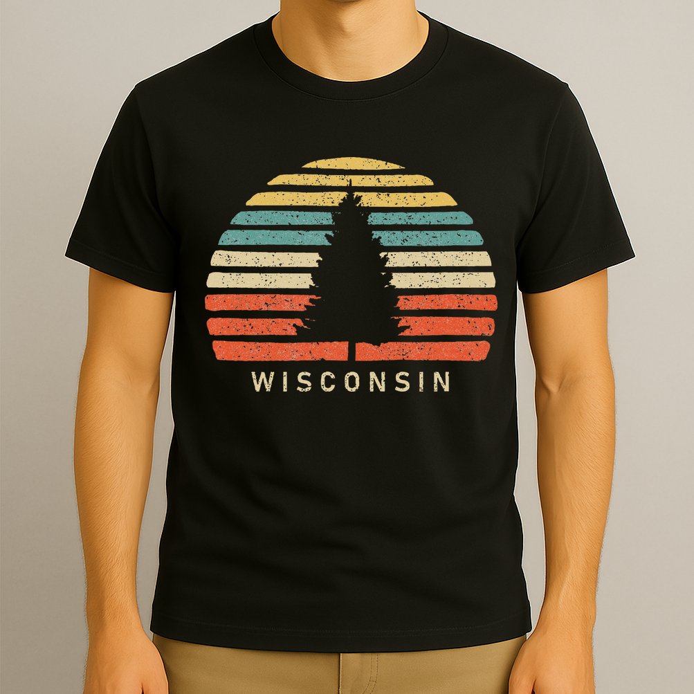 Retro Sunset Wisconsin Pine Tree T-Shirt