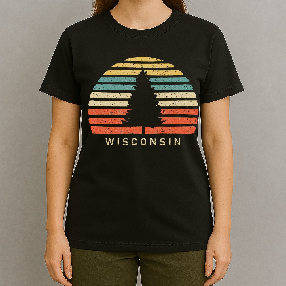Retro Sunset Wisconsin Pine Tree T-Shirt