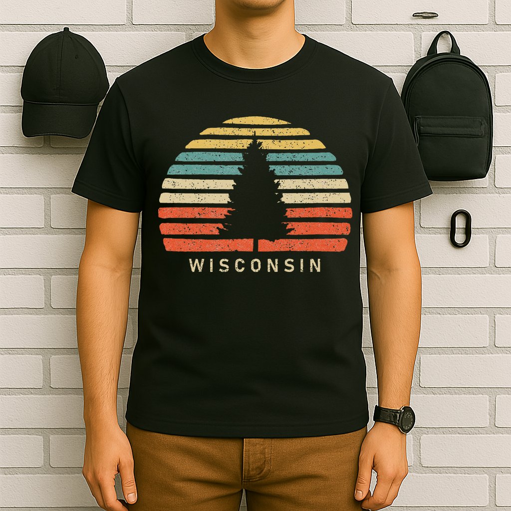 Retro Sunset Wisconsin Pine Tree T-Shirt