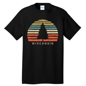 Retro Sunset Wisconsin Pine Tree Tall T-Shirt