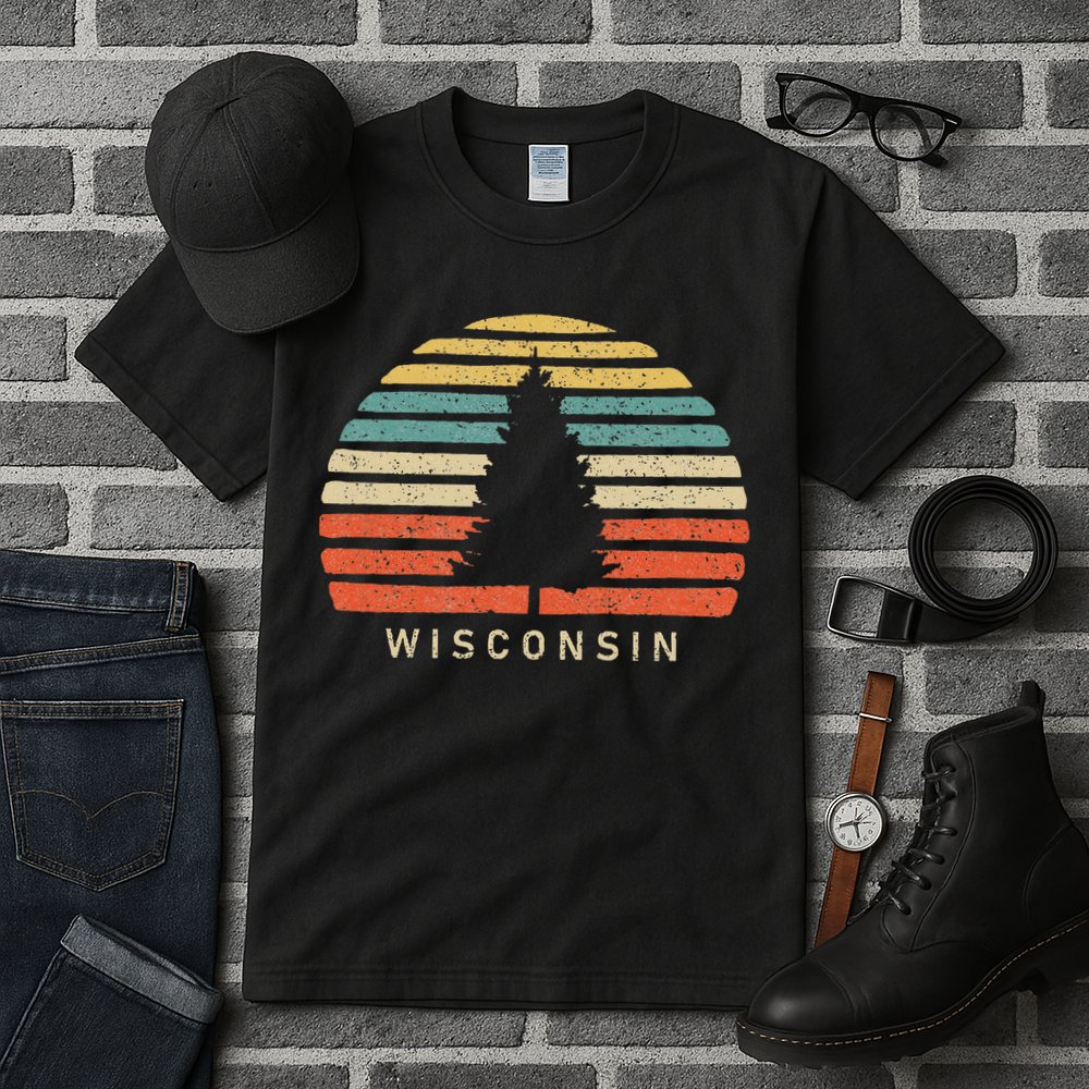 Retro Sunset Wisconsin Pine Tree Tall T-Shirt