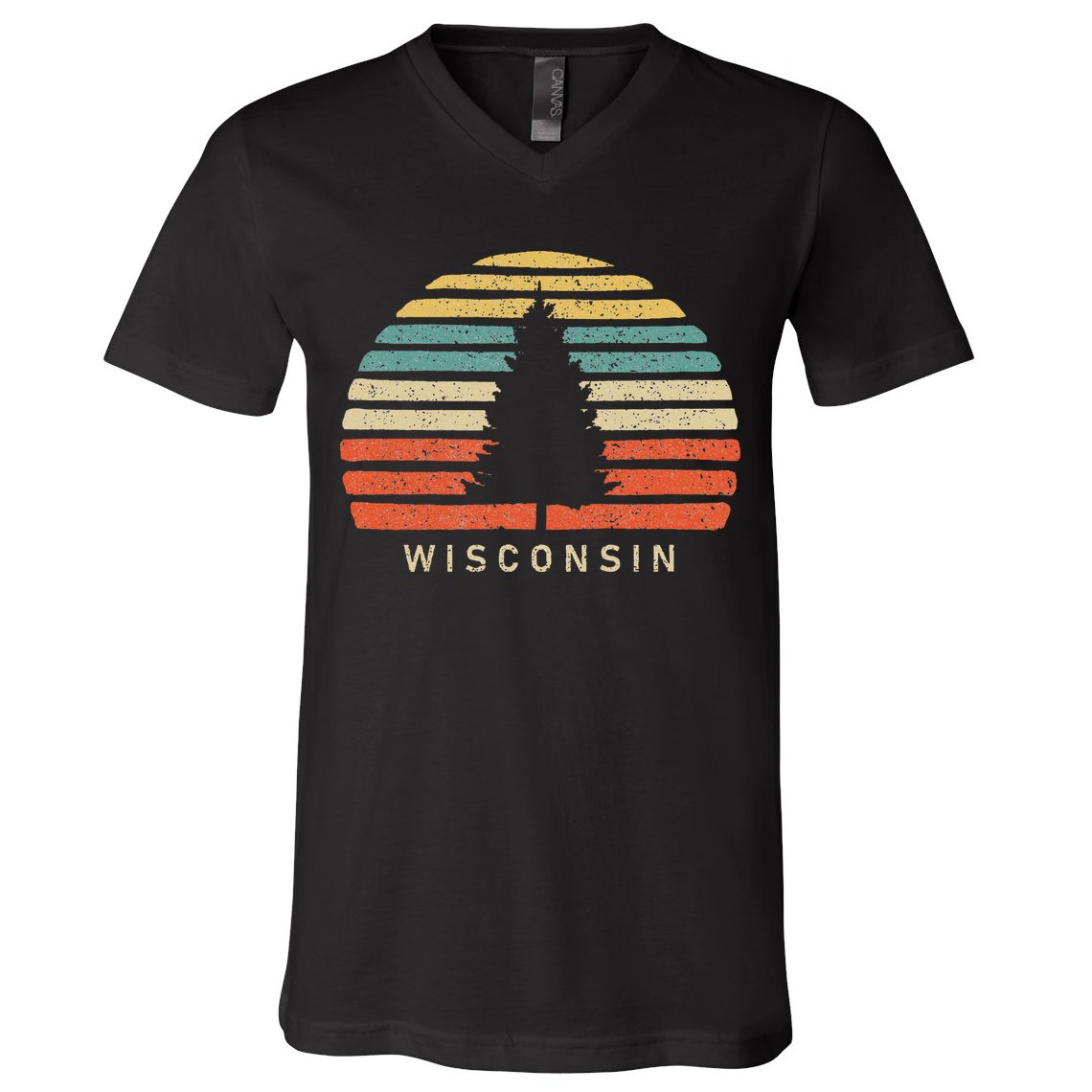 Retro Sunset Wisconsin Pine Tree V-Neck T-Shirt