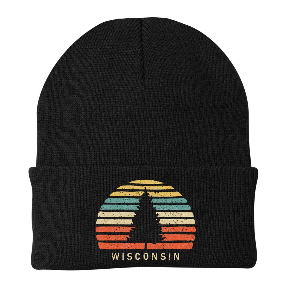 Retro Sunset Wisconsin Pine Tree Beanie