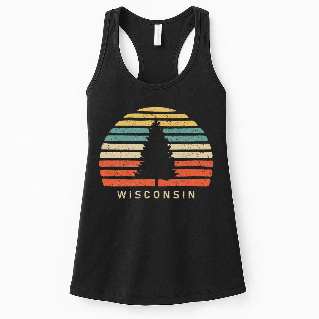 Retro Sunset Wisconsin Pine Tree Womens Tank Top
