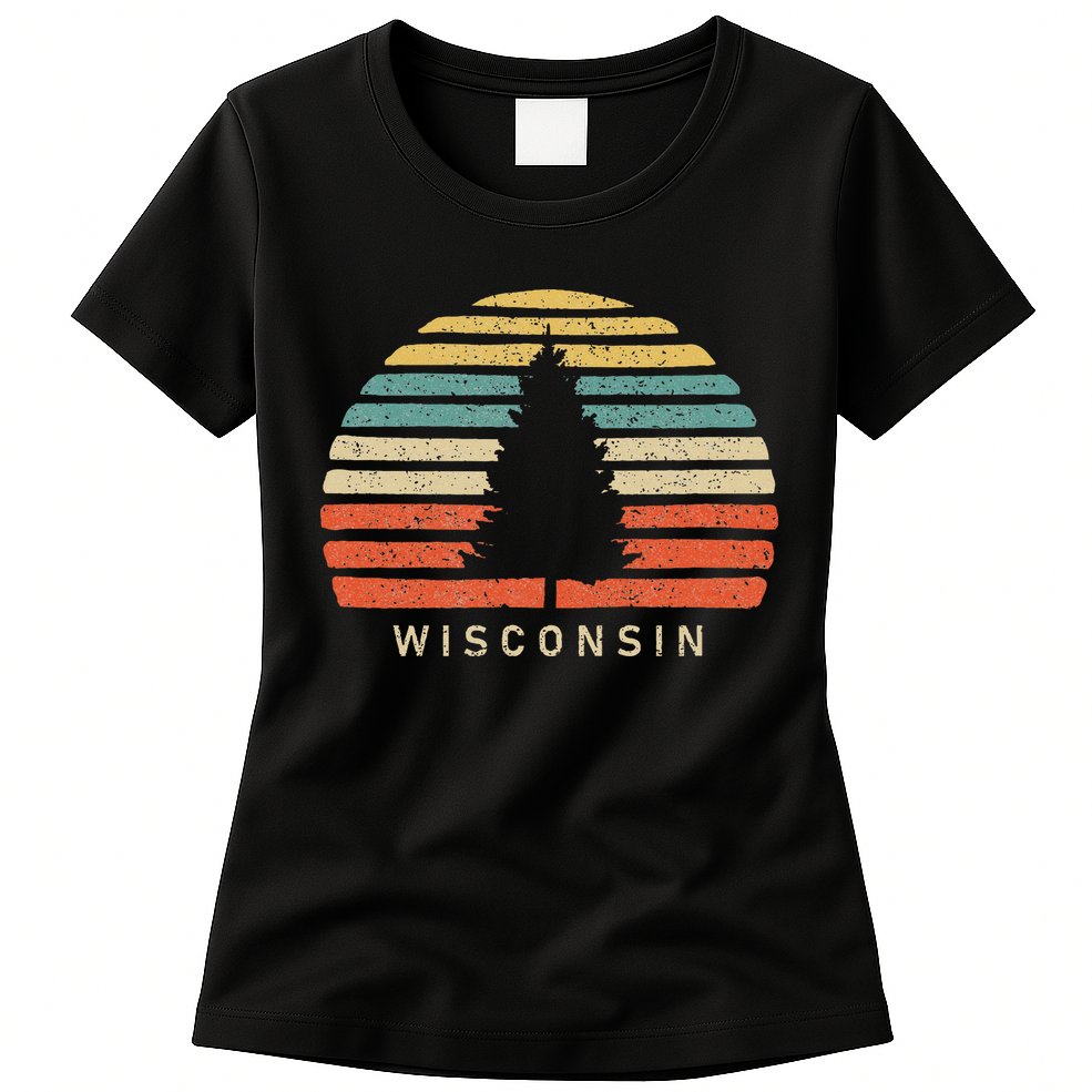 Retro Sunset Wisconsin Pine Tree Womens T-Shirt