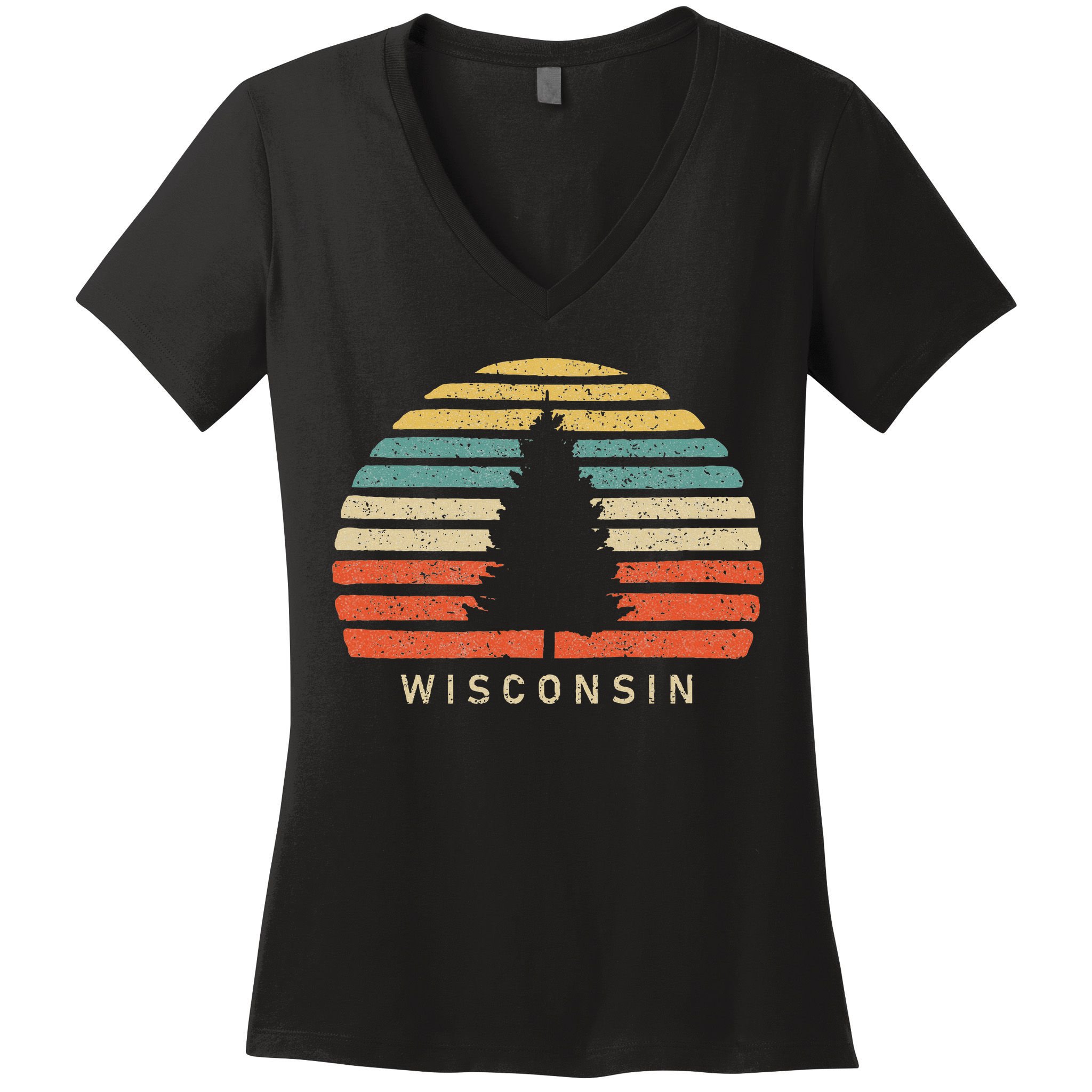 Retro Sunset Wisconsin Pine Tree Women's V-Neck T-Shirt