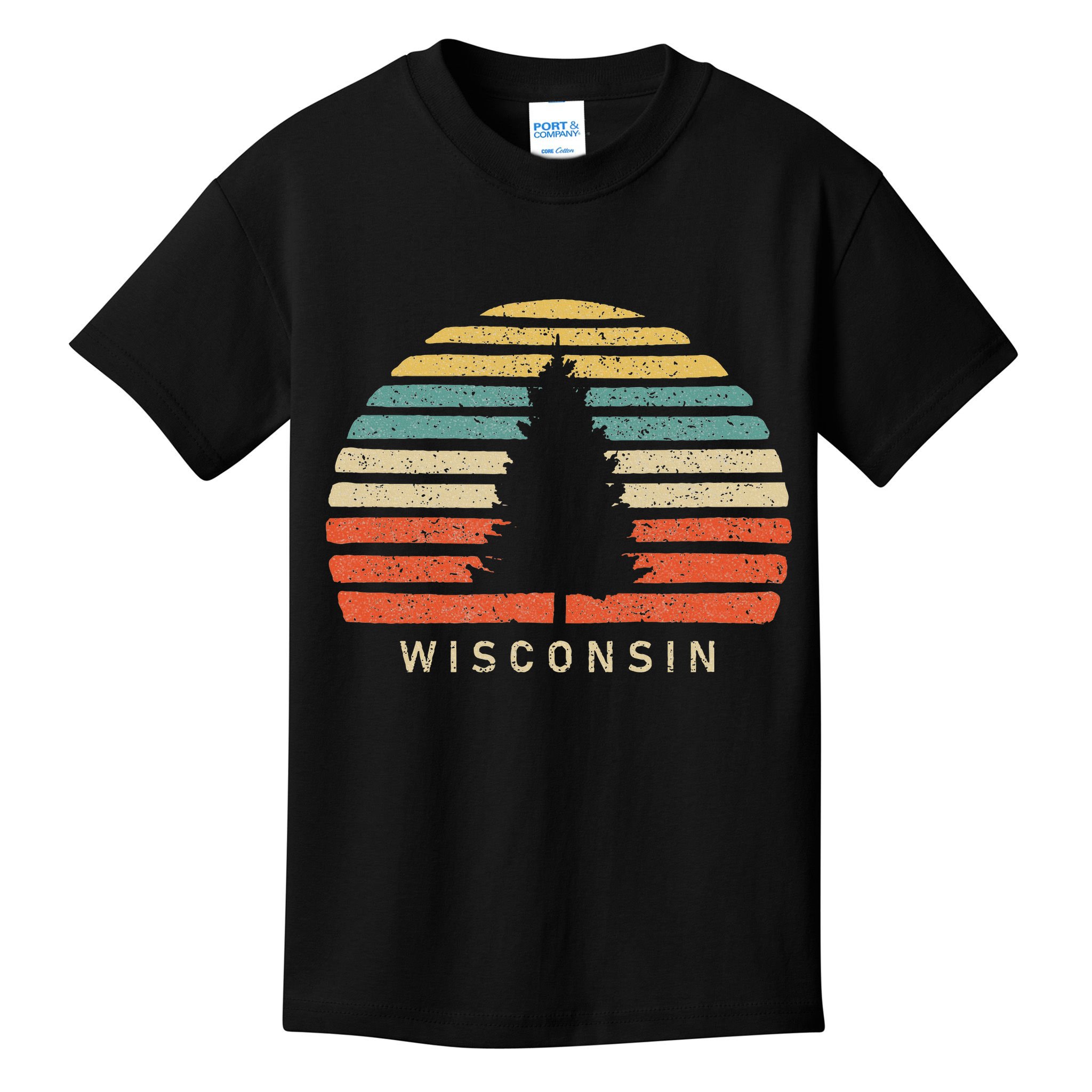 Retro Sunset Wisconsin Pine Tree Kids T-Shirt