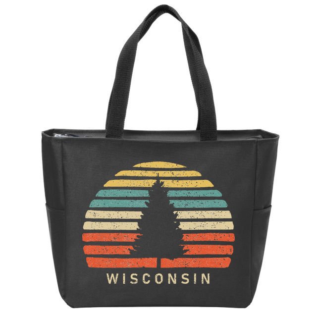 Retro Sunset Wisconsin Pine Tree Zip Tote Bag