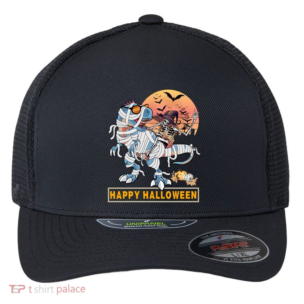 Rocker Skeleton Witch Riding Mummy Dinosaur T Rex Halloween Gift Flexfit Unipanel Trucker Cap