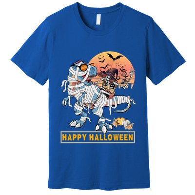Rocker Skeleton Witch Riding Mummy Dinosaur T Rex Halloween Gift Premium T-Shirt