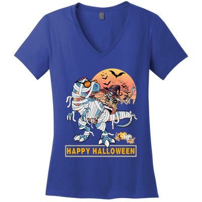 Rocker Skeleton Witch Riding Mummy Dinosaur T Rex Halloween Gift Women's V-Neck T-Shirt