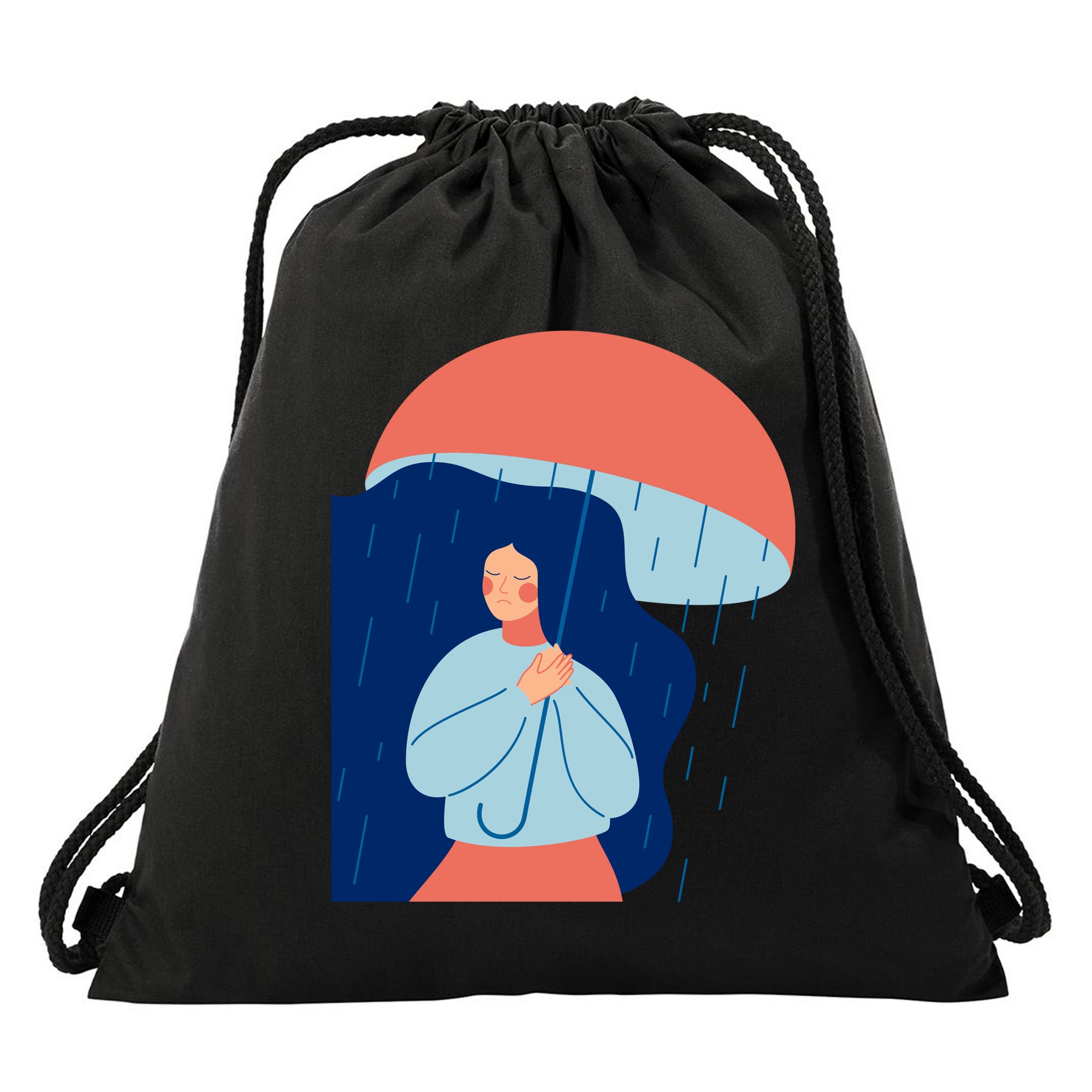 Rainy Sad Woman With Umbrella Mental Health Awareness Drawstring Bag