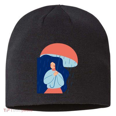Rainy Sad Woman With Umbrella Mental Health Awareness Sustainable Beanie