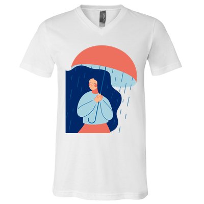 Rainy Sad Woman With Umbrella Mental Health Awareness V-Neck T-Shirt