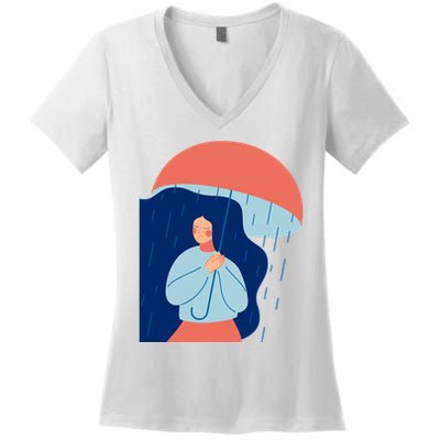 Rainy Sad Woman With Umbrella Mental Health Awareness Women's V-Neck T-Shirt