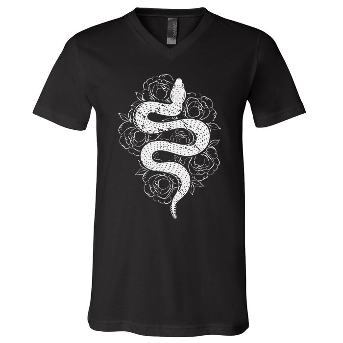 Reptile Snake Whisperer Rose Flower Snake V-Neck T-Shirt