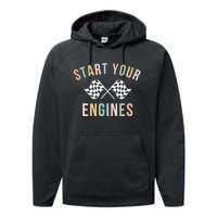 Retro Start Your Engines Checkered Flag Raceday Vintage Performance Fleece Hoodie