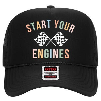 Retro Start Your Engines Checkered Flag Raceday Vintage High Crown Mesh Back Trucker Hat