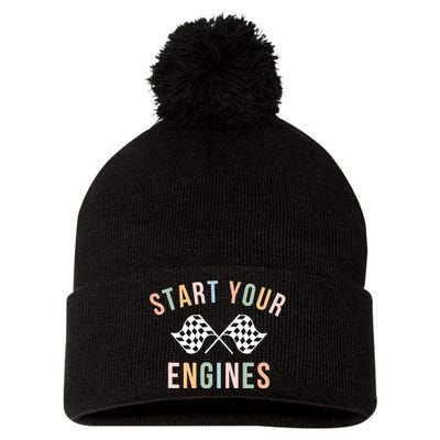 Retro Start Your Engines Checkered Flag Raceday Vintage Pom Pom 12in Knit Beanie