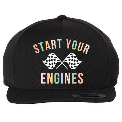 Retro Start Your Engines Checkered Flag Raceday Vintage Wool Snapback Cap